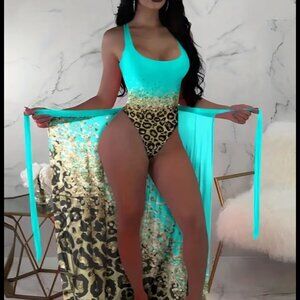 Ombre Leopard swimsuit with coverup skirt